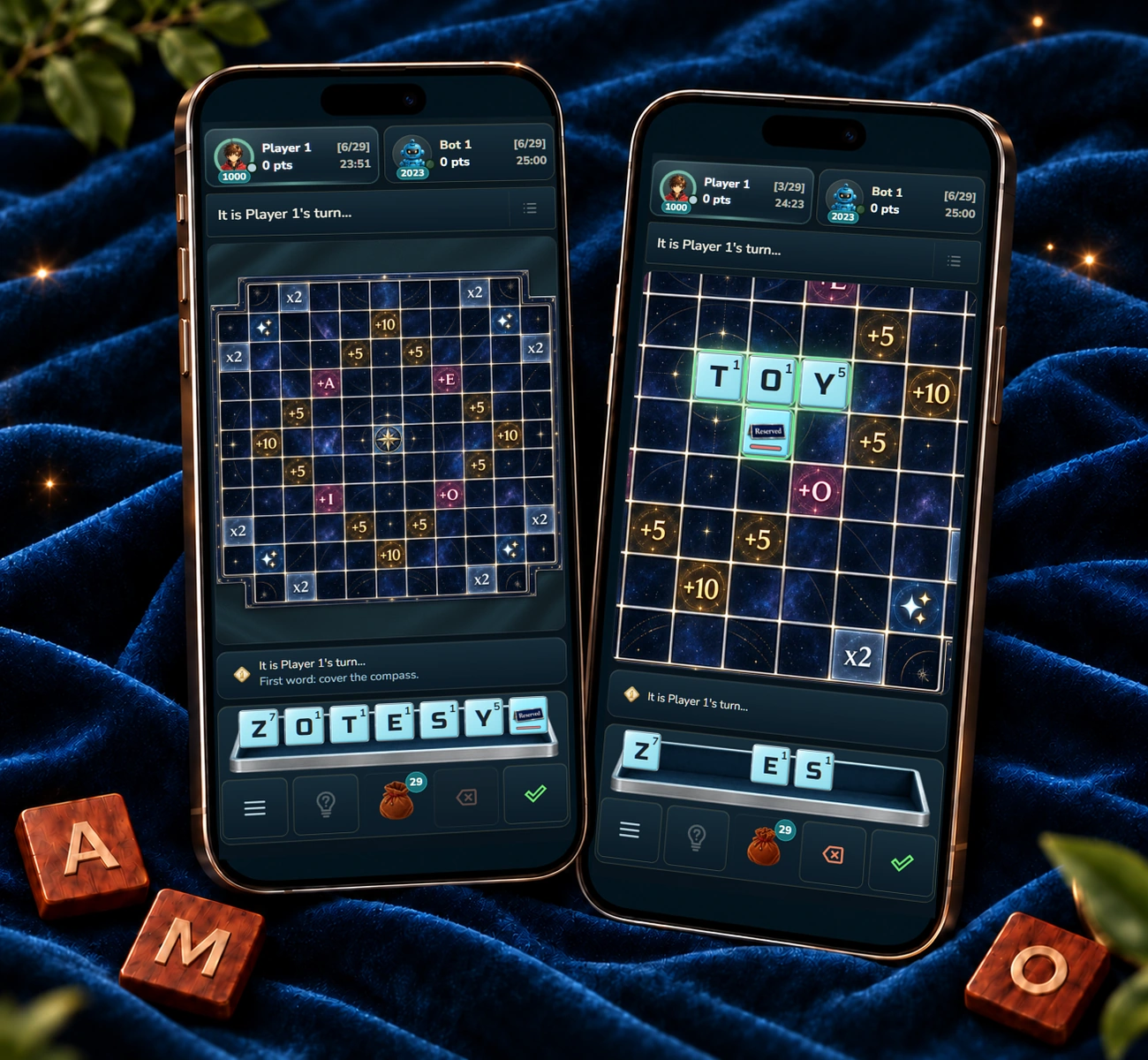 Two phones showing Words Duel: the whole board at the start of a match and a close-up of the first word with the Reserved tile.